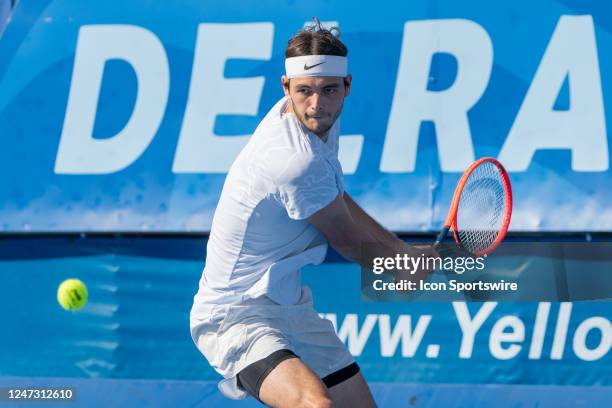 Taylor Fritz competes during the Finals of the ATP Delray Beach Open on February 19 at the Delray Beach Stadium & Tennis Center in Delray Beach,...