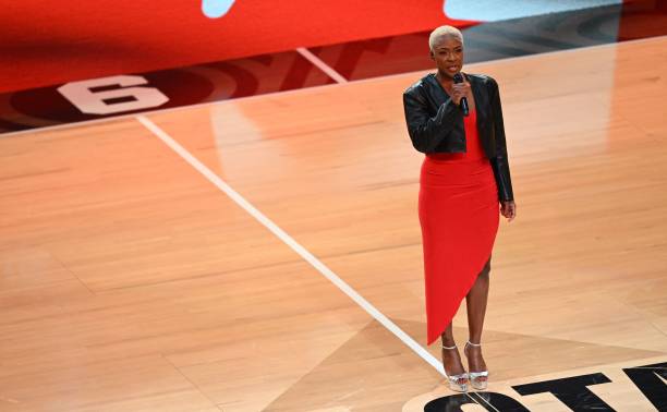 Canadian singer Jully Black singe Canada's National Anthem ahead of the NBA All-Star game between Team Giannis and Team LeBron at the Vivint arena in...