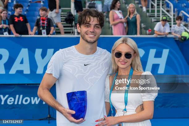 Taylor Fritz during the trophy ceremony after winning the Finals of the ATP Delray Beach Open on February 19 at the Delray Beach Stadium & Tennis...