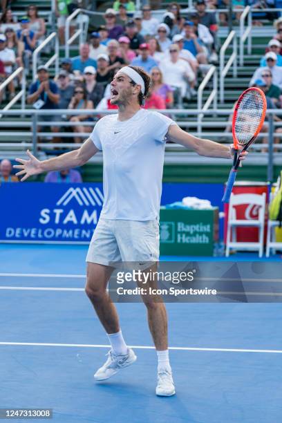 Taylor Fritz celebrates winning the Finals of the ATP Delray Beach Open on February 19 at the Delray Beach Stadium & Tennis Center in Delray Beach,...