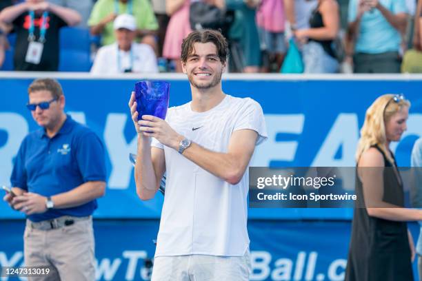 Taylor Fritz during the trophy ceremony after winning the Finals of the ATP Delray Beach Open on February 19 at the Delray Beach Stadium & Tennis...