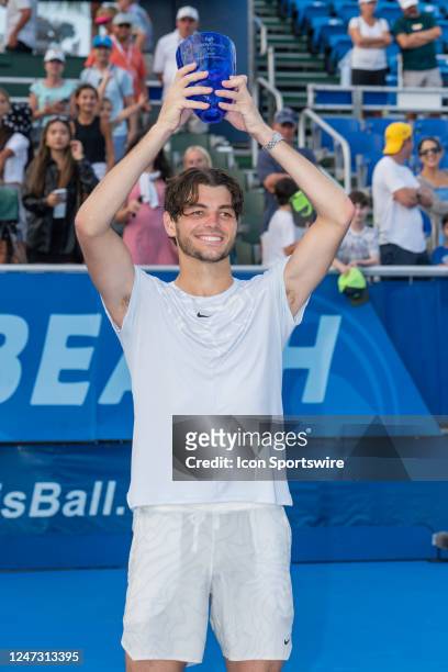 Taylor Fritz during the trophy ceremony after winning the Finals of the ATP Delray Beach Open on February 19 at the Delray Beach Stadium & Tennis...