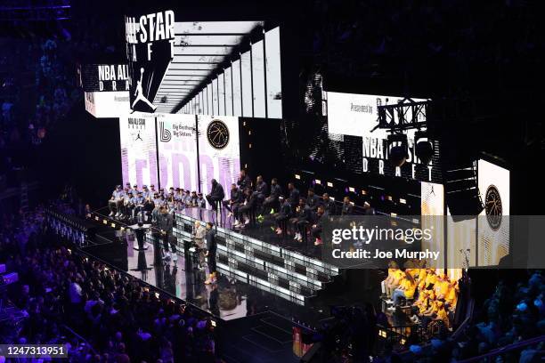 LeBron James of Team LeBron and Giannis Antetokounmpo of Team Giannis draft their teams during the NBA All-Star Game as part of 2023 NBA All Star...