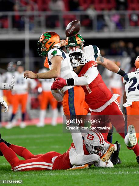 Defenders defensive lineman Davin Bellamy hits Seattle Sea Dragons quarterback Ben DiNucci and makes him fumble during a conversion attempt during...