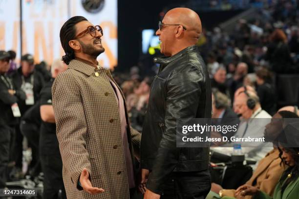 Ranveer Singh talks with Vin Diesel during the NBA All-Star Game as part of 2023 NBA All Star Weekend on Sunday, February 19, 2023 at Vivint Arena in...