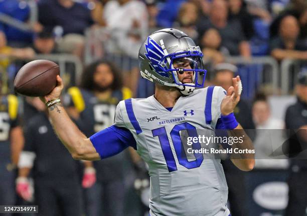 McCarron of the St. Louis Battlehawks prepares to throw a pass against the San Antonio Brahamas at the Alamodome on February 19, 2023 in San Antonio,...