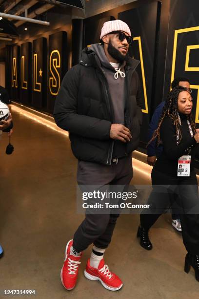 LeBron James arrives for the game during the NBA All-Star Game as part of 2023 NBA All Star Weekend on Sunday, February 19, 2023 at Vivint Arena in...