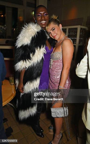 Jodie Turner-Smith and Florence Pugh attend Netflix's annual BAFTA Awards afterparty at Chiltern Firehouse on February 19, 2023 in London, England.