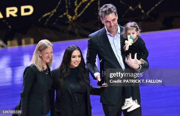 Commissioner of the WNBA Cathy Engelbert stands with Vanessa Bryant as she gives The 2023 Kobe & Gigi Bryant WNBA Advocacy Award to NBA Legend Pau...