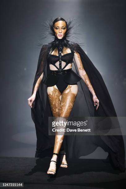 Winnie Harlow walks the runway for the Julien x Gabriela AW23 show during London Fashion Week at Freemasons Hall on February 19, 2023 in London,...