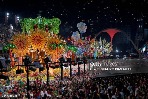 Floats pass by as members of the Grande Rio samba school perform during the first night of Rio's Carnival parade at the Sambadrome Marques de Sapucai...