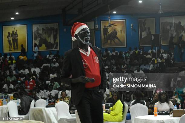 South Sudanese comedian Jora, performs at the Kilkilu Ana Comedy Show in Juba on February 9, 2023. - Kilkilu Ana Comedy Show set out to achieve the...