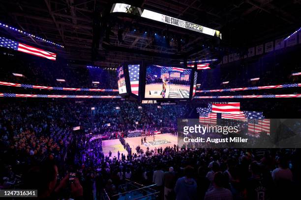 An overall view of the arena as Jewel performs the national anthem before the NBA All-Star Game as part of 2023 NBA All Star Weekend on Sunday,...