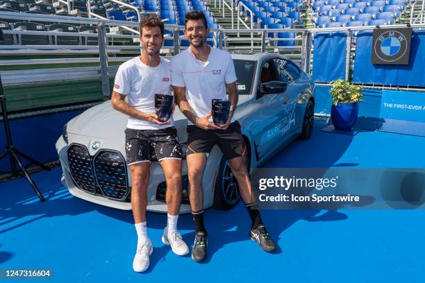 Marcelo Arevalo / Jean-Julien Rojer during the trophy ceremony after winning the Doubles Finals of the ATP Delray Beach Open on February 19 at the...