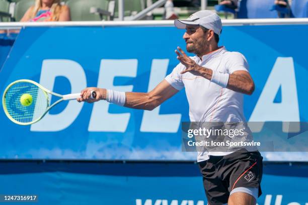 Marcelo Arevalo / Jean-Julien Rojer compete during the Doubles Finals of the ATP Delray Beach Open on February 19 at the Delray Beach Stadium &...