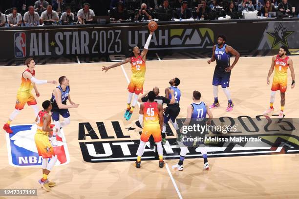 Ja Morant of Team Giannis tips off during the NBA All-Star Game as part of 2023 NBA All Star Weekend on Sunday, February 19, 2023 at Vivint Arena in...