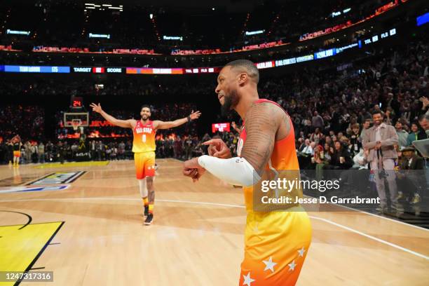 Jayson Tatum and Damian Lillard of Team Giannis celebrate after the NBA All-Star Game as part of 2023 NBA All Star Weekend on Sunday, February 19,...