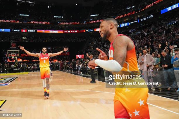 Jayson Tatum and Damian Lillard of Team Giannis celebrate after the NBA All-Star Game as part of 2023 NBA All Star Weekend on Sunday, February 19,...