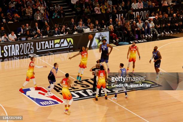 Ja Morant of Team Giannis jumps for the opening tip off during the NBA All-Star Game as part of 2023 NBA All Star Weekend on Sunday, February 19,...