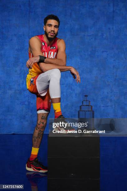 Jayson Tatum poses for a photo with The Kobe Bryant All Star Game MVP Trophy after the NBA All-Star Game as part of 2023 NBA All Star Weekend on...