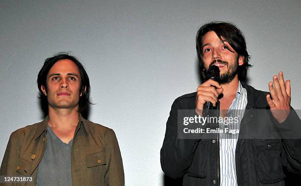 Co-producers Gael Garcia Bernal and Diego Luna speak onstage the "Miss Bala" Premiere at Scotiabank during the 2011 Toronto International Film...