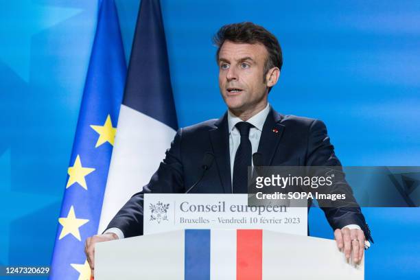 President of France Emmanuel Macron speaks during a press conference of the European Council Summit in Brussels, participated by the EU leaders and...