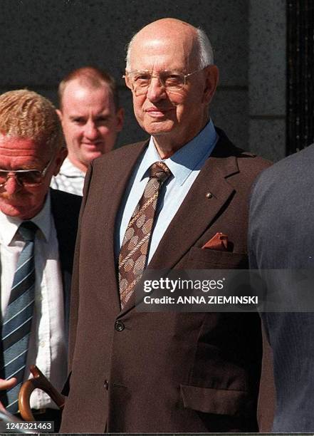 Former apartheid-era State President P W Botha leaves the Magistrate's Court in George 23 February, where he pleaded not guilty to charges of failing...