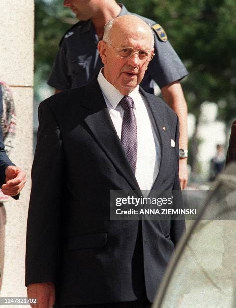 Former apartheid-era President P W Botha leaves the Magistrate's Court in George during the lunch break 15 April where his trial on charges of...