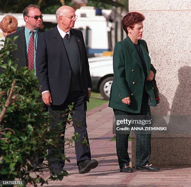 Former South African President P. W. Botha arrives at the Magistrate's Court in George after lunch on 02 June, the second day of the resumption of...