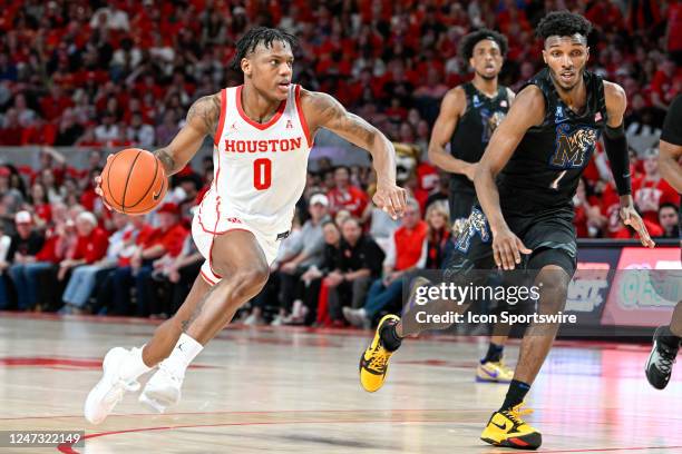 Houston Cougars guard Marcus Sasser leads a fast break during the basketball game between the Memphis Tigers and Houston Cougars at the Fertitta...