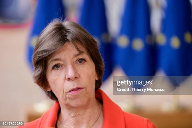 French Minister of Europe and Foreign Affairs Catherine Colonnatalks to media prior to an European foreign affairs Ministers meeting in the Europa,...
