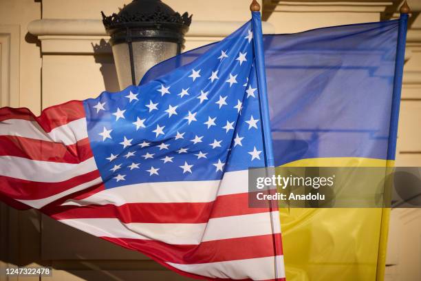 The flags of U.S. And Ukraine are seen during the meeting of U.S. President Joe Biden and Ukrainian President Volodymyr Zelenskyy ahead of...