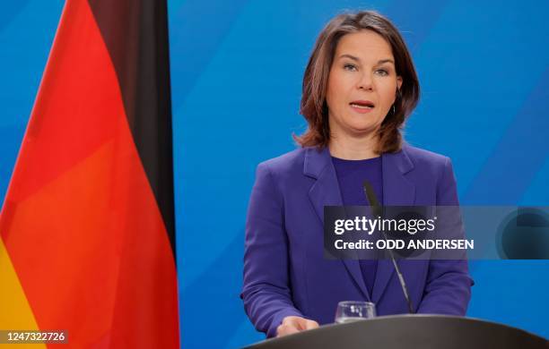 German Foreign Minister Annalena Baerbock speaks during address a joint press conference with the Secretary of Foreign Affairs of the Philippines on...