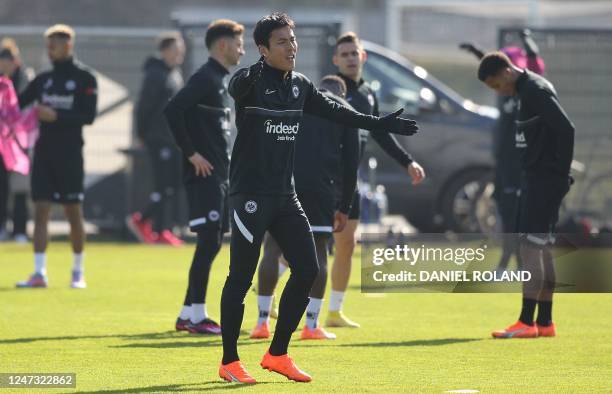 Frankfurt's players attend a training session on the eve of the UEFA Champions League round of 16 football match Eintracht Frankfurt vs SSC Naples in...