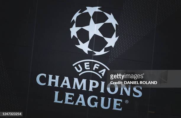 The logo of the UEFA Champions League is pictured at the stadium during a training session on the eve of the UEFA Champions League round of 16...