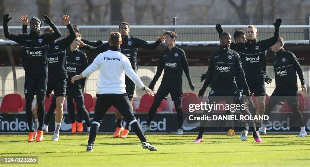 Frankfurt's players attend a training session on the eve of the UEFA Champions League round of 16 football match Eintracht Frankfurt vs SSC Naples in...