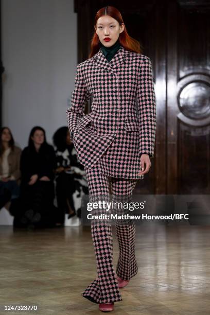 Model walks the runway at the Emilia Wickstead show during London Fashion Week February 2023 on February 20, 2023 in London, England.