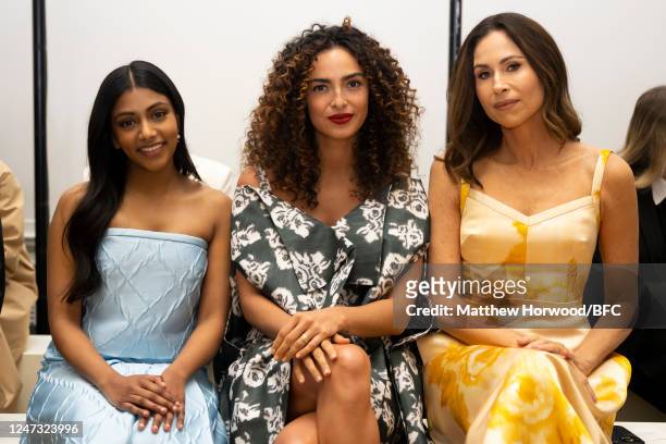 Charithra Chandran, Anna Shaffer and Minnie Driver attend the Emilia Wickstead show during London Fashion Week February 2023 on February 20, 2023 in...