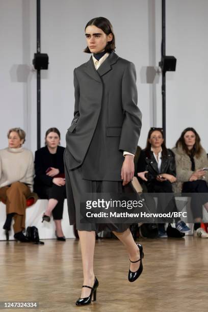 Model walks the runway at the Emilia Wickstead show during London Fashion Week February 2023 on February 20, 2023 in London, England.