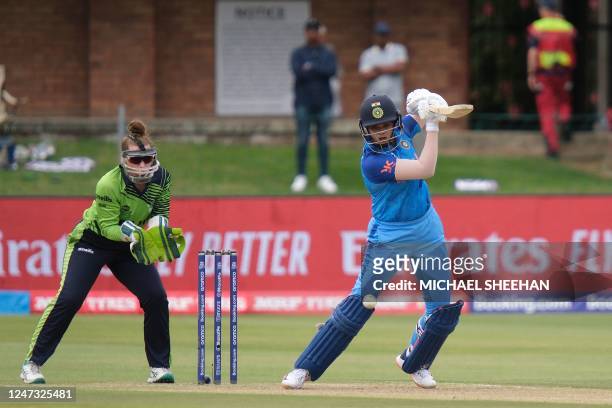 India's Shafali Verma plays a shot during the Group B T20 women's World Cup cricket match between India and Ireland at St George's Park in Gqeberha...