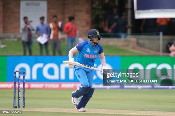 India's Shafali Verma runs between the wickets after playing a shot during the Group B T20 women's World Cup cricket match between India and Ireland...