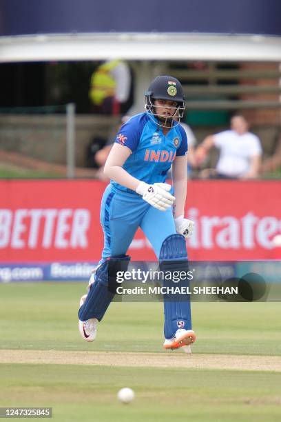 India's Shafali Verma watches the ball after playing a shot during the Group B T20 women's World Cup cricket match between India and Ireland at St...