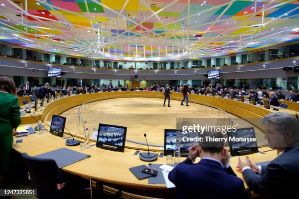 Foreign Affairs Ministers atend an European foreign affairs Ministers meeting in the Europa, the EU Council headuqarters on February 20, 2023 in...