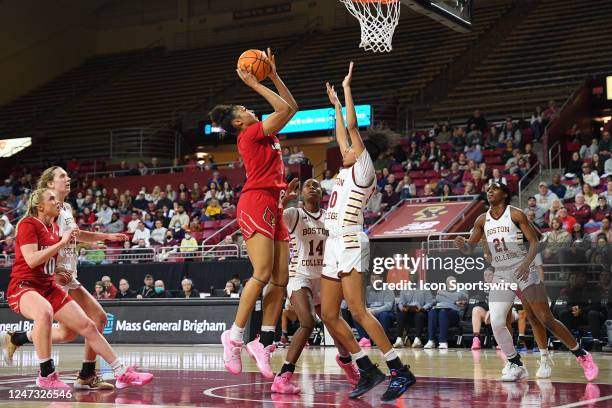 Louisville Cardinals forward Nyla Harris shoots the ball during a women's college basketball game between the Louisville Cardinals and the Boston...