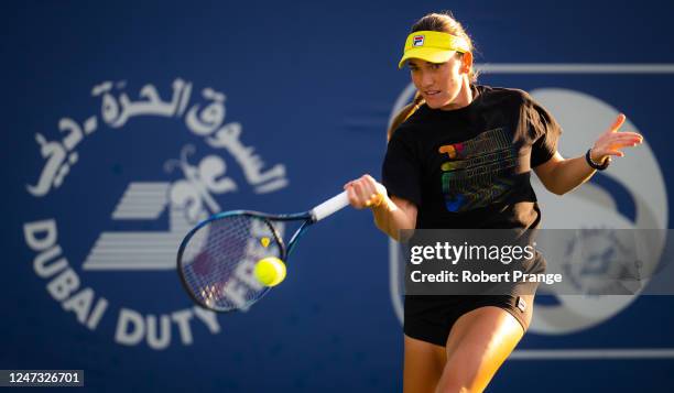 Timea Babos of Hungary during practice on Day 2 of the Dubai Duty Free Tennis at Dubai Duty Free Tennis Stadium on February 20, 2023 in Dubai, United...