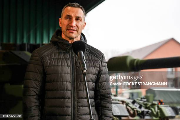 Ukrainian former boxer Wladimir Klitschko gives a media statement at the Armoured Corps Training Centre in Munster, northern Germany, on February 20,...