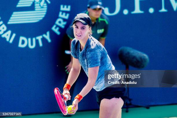 Kudermetova of Russia competes with Anhelina Kalinina of Ukraine during women's single first round match of Dubai Duty Free Tennis Championship in...
