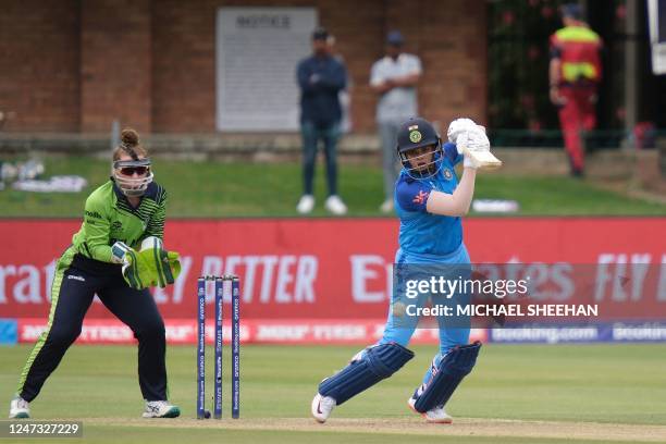 India's Shafali Verma plays a shot during the Group B T20 women's World Cup cricket match between India and Ireland at St George's Park in Gqeberha...