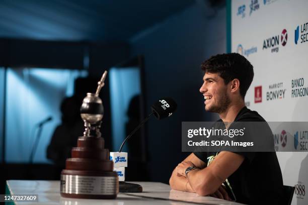 Carlos Alcaraz of Spain speaks during a press conference after winning the Men's Singles Final against Cameron Norrie of Great Britain during day...