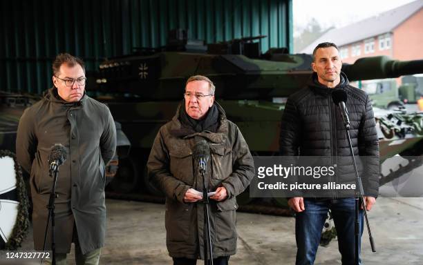 February 2023, Lower Saxony, Munster: Boris Pistorius , Federal Minister of Defense, Oleksiy Makeyev , Ambassador of Ukraine to Germany, and Vladimir...